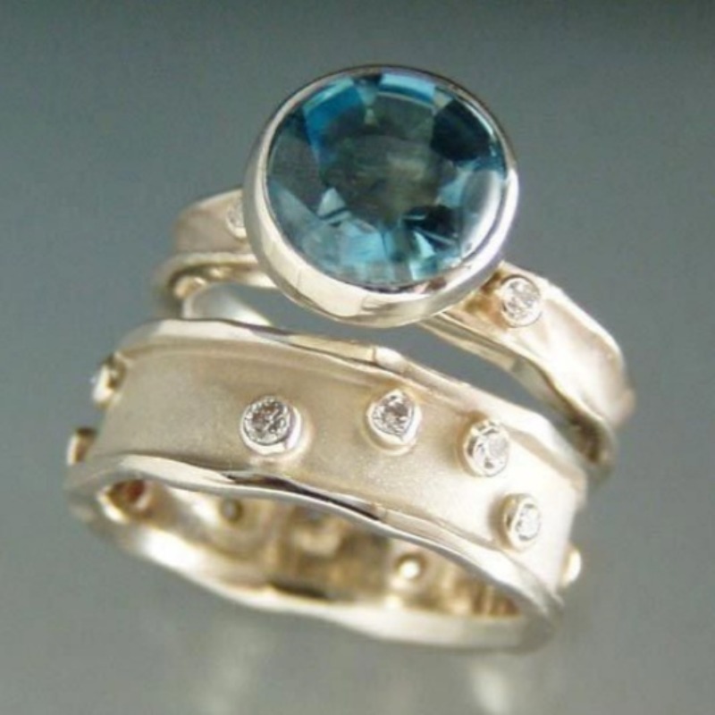 2pcs Vintage Stackable Ring Set with Blue Synthetic Zirconia